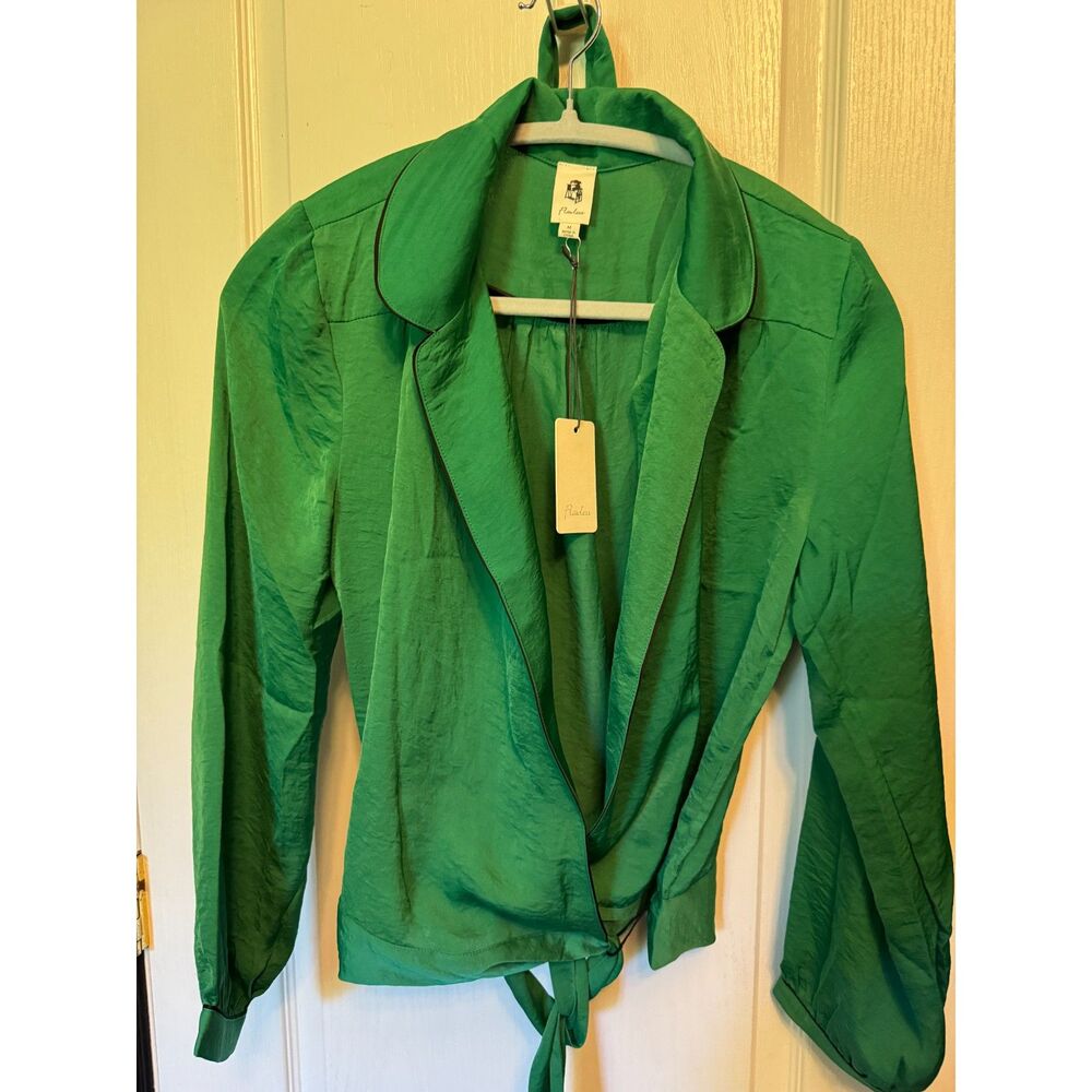 Flawless long-sleeve wrap blouse in a vibrant emerald green